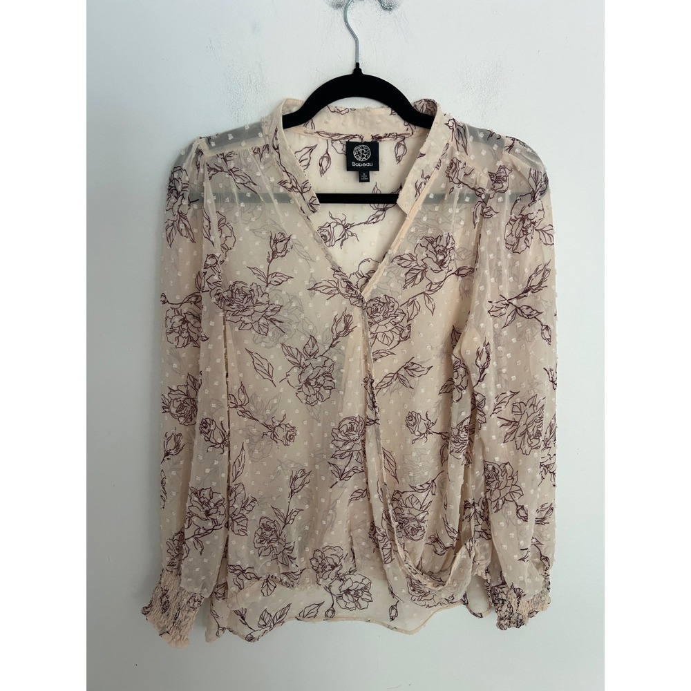 Bobeau Cream Floral Swiss Dot Surplice Peasant Blouse Smocked Cuff Small V-Neck